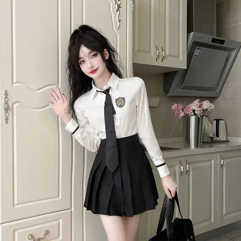 2025 improved daily jk uniform summer new white short/long sleeve shirt + pleated skirt jk uniform two-piece set for women w237