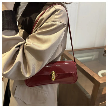 Fashion ladies shiny crossbody bag stylish elegant shoulder bag wine red small underarm bag versatile solid color clutch bag