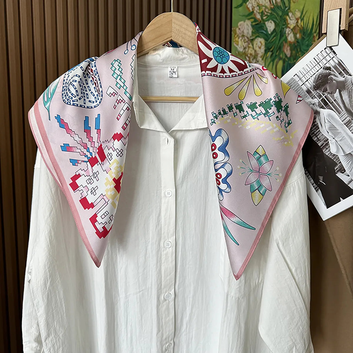 Green Boho Horse Square Scarf 70cm Ethnic Floral Satin Bandana Women Neck Handbag Wrap Elegant Silk Feel Daily Fashion Accessory