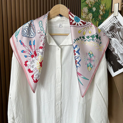 Green Boho Horse Square Scarf 70cm Ethnic Floral Satin Bandana Women Neck Handbag Wrap Elegant Silk Feel Daily Fashion Accessory