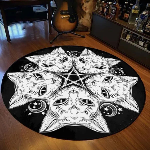 Gothic Satanic Cat & Goat Round Area Rug, Dark Aesthetic Throne Pattern Floor Mat Non-Slip Washable Circle Carpet for Home Decor