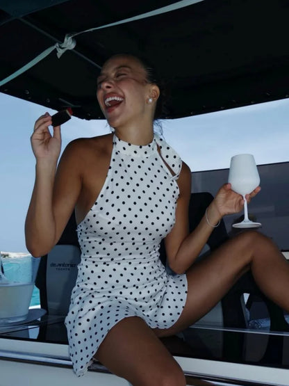 Polka Dots Halter Mini Dress Elegant Backless Sleeveless Cinched Waist Short Dresses Lace Up Skirts 2026 NEW Summer Lady Dresses