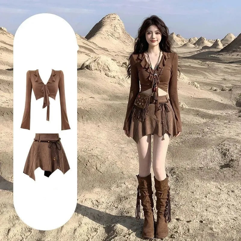 Travel Wear Desert Wasteland Style Dress Summer Maillard Western Denim Skirt Set