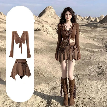 Travel Wear Desert Wasteland Style Dress Summer Maillard Western Denim Skirt Set