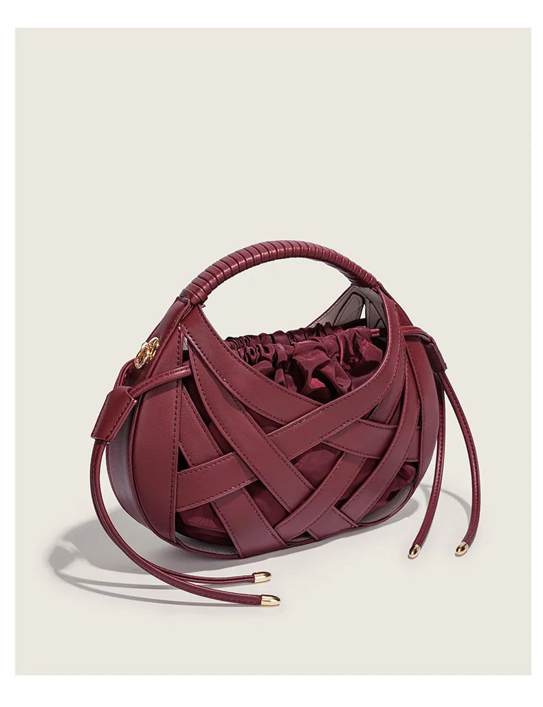 Fashion Woven Hollow Women Handbags Luxury Designer Ladies Shoulder Messenger Bag Small Totes Tassel Lady Composite Bag Burgundy