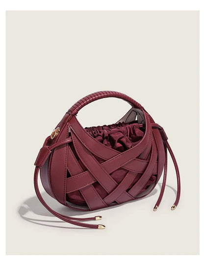 Fashion Woven Hollow Women Handbags Luxury Designer Ladies Shoulder Messenger Bag Small Totes Tassel Lady Composite Bag Burgundy