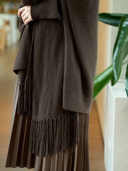 Light Luxury Autumn Winter Woman Shawl Elegant Female 100% Merino Wool Knitwear New Fashion Ladies Tassel Scarf Solid Jersey