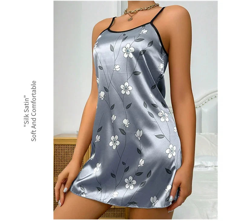 Ladies Sexy Sling Nightgown Nightdress Women's Sexy Lingerie Silk Satin Sleepwear Floral Pinting Nightwear Homewear Mini Dress