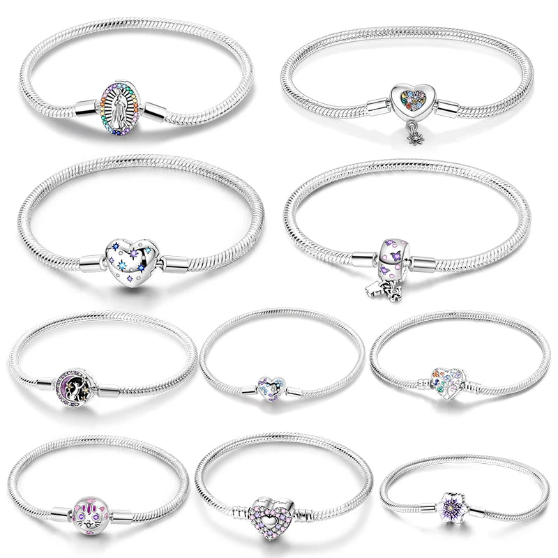 Silver 925 Bracelet Original Bracelets Colorful Zircon Heart Flower Cat Snake Chain For DIY Charms 17-20CM Luxury Jewelry Gifts