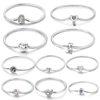 Silver 925 Bracelet Original Bracelets Colorful Zircon Heart Flower Cat Snake Chain For DIY Charms 17-20CM Luxury Jewelry Gifts