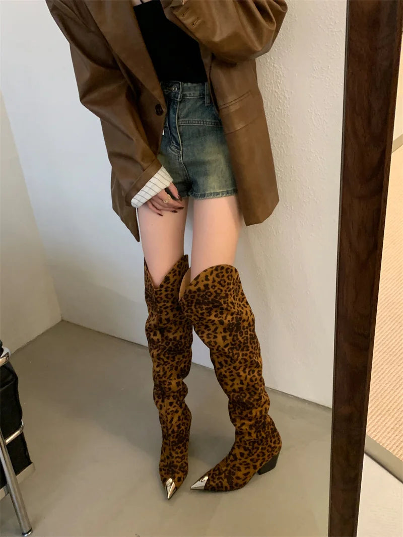 ZAROY Punk Metal Pointed Toe Knee High Boots Women Winter Retro Leopard Print Square Low Heels Pleated Western Cowboy Long Botas
