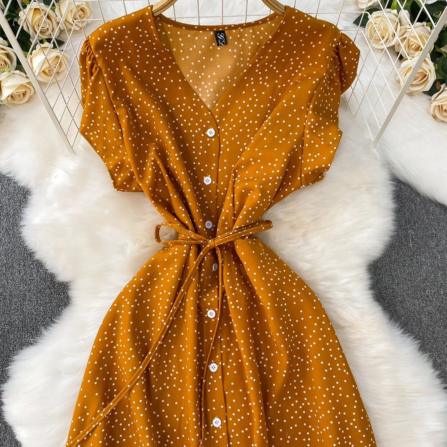 Summer Women Polka Dot Long Dress Vintage V-Neck Flying Sleeve High Waist Single Breasted A-Line Casual Vestidos Female Robe New