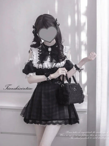 Summer Japanese Dark Goth Academy Style Dress Women's Bow Lace Off Shoulder Plaid Dress Y2K Harajuku Jirai Kei Dress Yami Kawaii