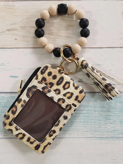 Leopard Print PU Card Holder Wallet with Silicone Beaded Wristlet Keychain, Multi Card Slots Zipper Coin Purse with Tassel Charm for Women Daily Carry