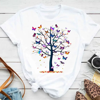 New Fashion Women T-shirt Colorful Butterfly Petal Print Short Sleeve and Round Neck Cute Graphic Tee Shirts Female Tops Clothin
