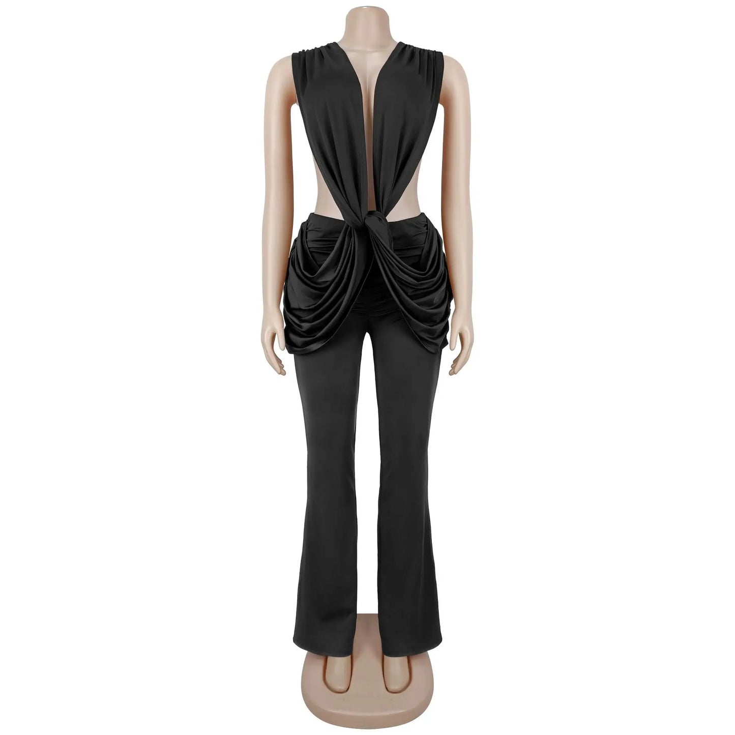 HLJ Sexy Solid Color Bodycon Jumpsuits Women Halter Deep V Neck High Waist Ruched Flare Rompers Party Club Streetwear Overalls