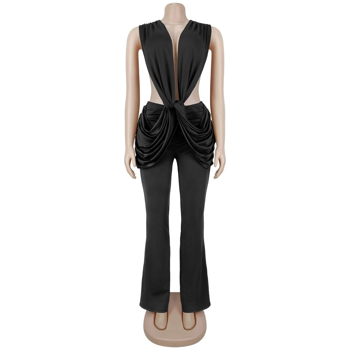 HLJ Sexy Solid Color Bodycon Jumpsuits Women Halter Deep V Neck High Waist Ruched Flare Rompers Party Club Streetwear Overalls