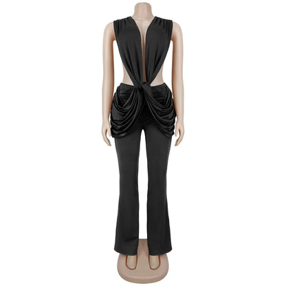 HLJ Sexy Solid Color Bodycon Jumpsuits Women Halter Deep V Neck High Waist Ruched Flare Rompers Party Club Streetwear Overalls