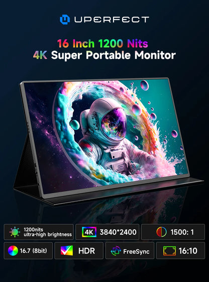 UPERFECT 16" 1200Nits Portable Gaming Monitor 4K IPS Laptop Screen 3840x2400 Travel Office Computer PC Display For Phone Switch