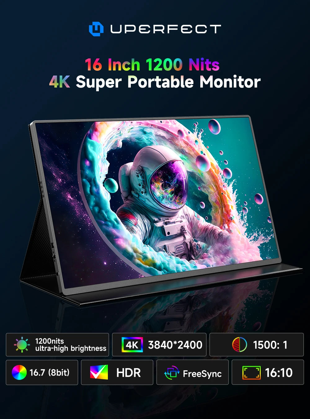 UPERFECT 16" 1200Nits Portable Gaming Monitor 4K IPS Laptop Screen 3840x2400 Travel Office Computer PC Display For Phone Switch
