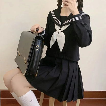 Japanese School Uniforms Student Style Girls Navy Costume Women Sexy Black JK Long Dress Suit Sailor Blouse Pleated Skirt Set