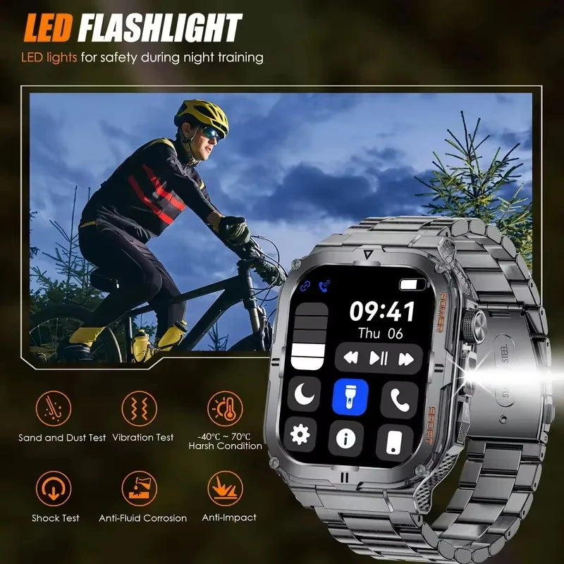 New Men's Smart Watch LED Flashlight waterproof Outdoor Sports Watch Health Monitoring Fitness tracker Suitable for IOS Android