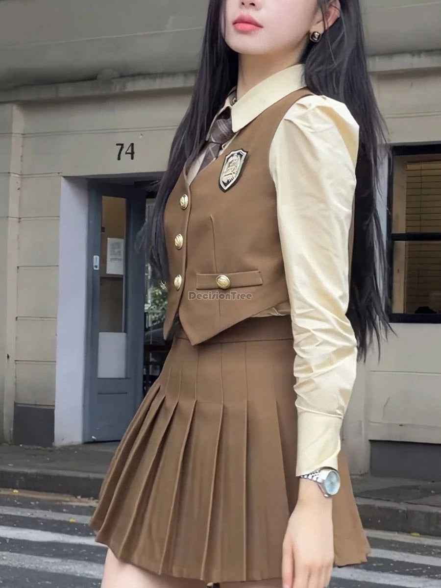 2024 england style uniform jk set suit autumn new suit waistcoat long sleeve shirt pleated skirt fashion three-piece women w753