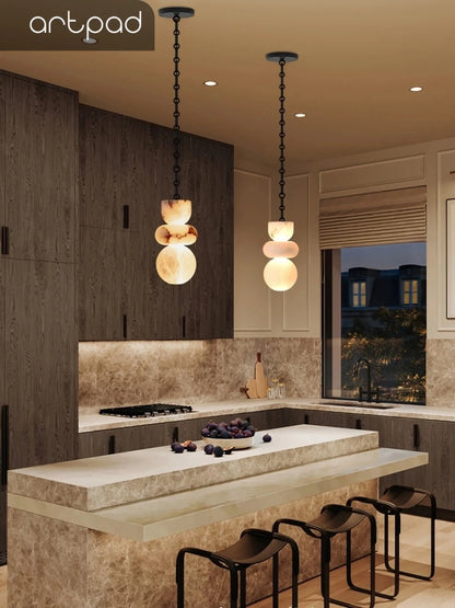 Alabaster Marble Chain Hanging Pendant Lights Collection for Dining Room Spanish Natural Marble LED Chandelier For Living Room