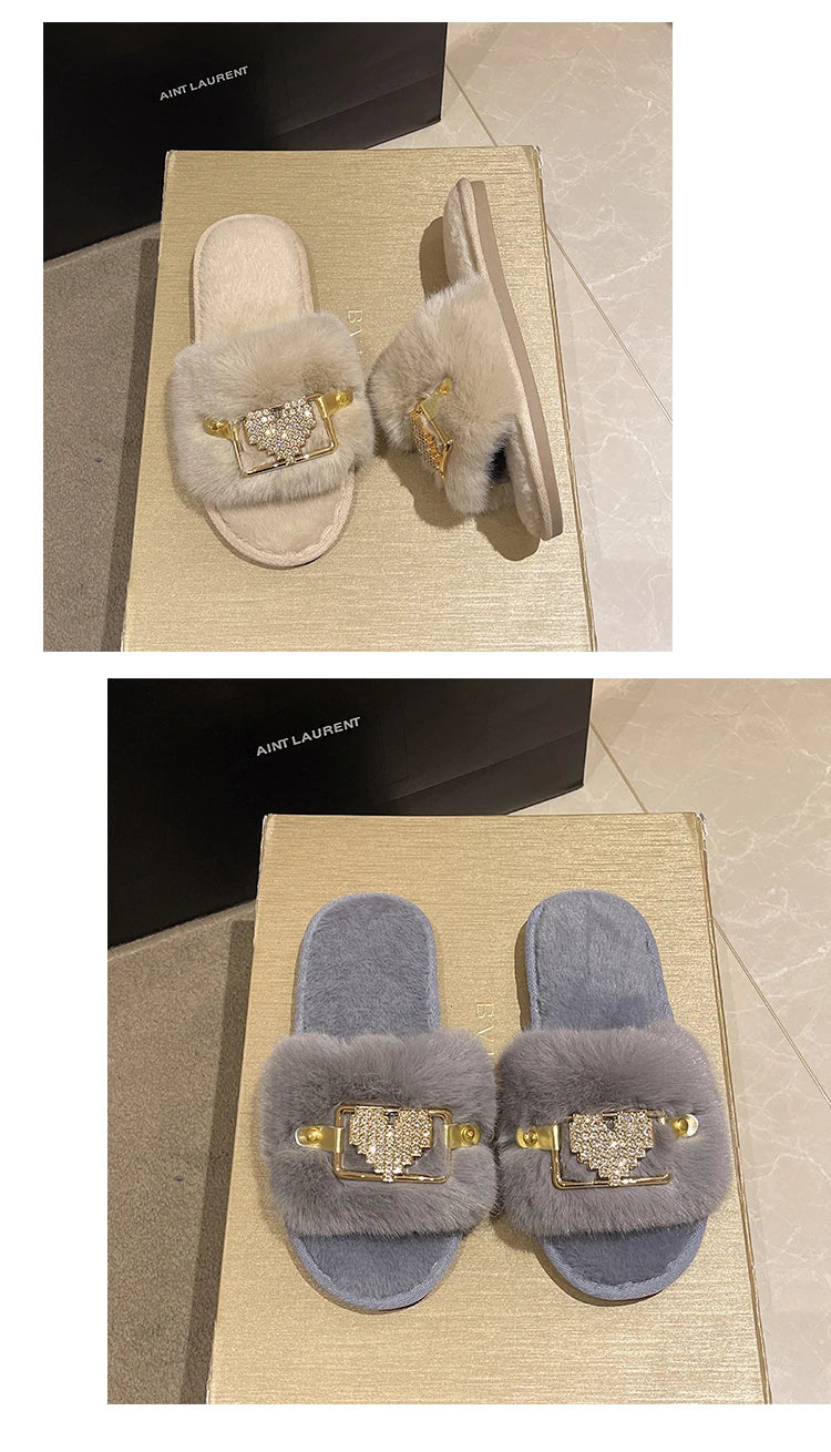 Love Chain Fluffy Women's Slippers Home Fashion Luxury Designer Shoes Woman Autumn Winter Faux Fuzzy Fur Slides Indoor Elegant