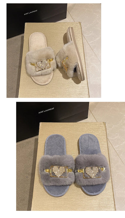 Love Chain Fluffy Women's Slippers Home Fashion Luxury Designer Shoes Woman Autumn Winter Faux Fuzzy Fur Slides Indoor Elegant