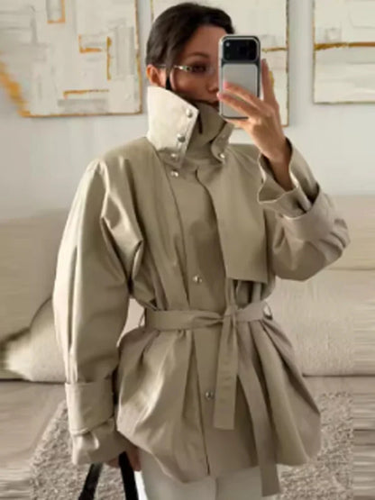 Fashion Stand Collar Short Trench Coat Women Solid Double-breasted Belt Jacket 2026 Autumn Lady Commuting Casual Outwear
