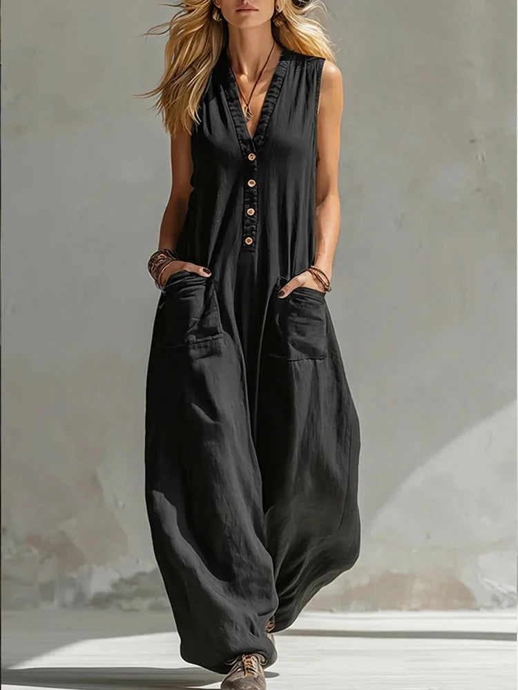 Women Casual Sleeveless V Neck Jumpsuit Button Wide Leg Cotton Linen Long Pants Romper Loose Baggy Summer Streetwear Outfits