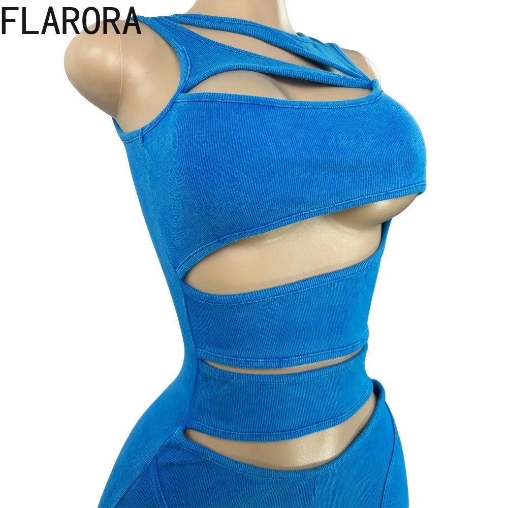 FLARORA Fashion Ribber Knitted Capri Jumpsuits Woman Sexy Hollow Out O-neck Sleeveless Zipper Skinny Playsuits Hottie Streetwear