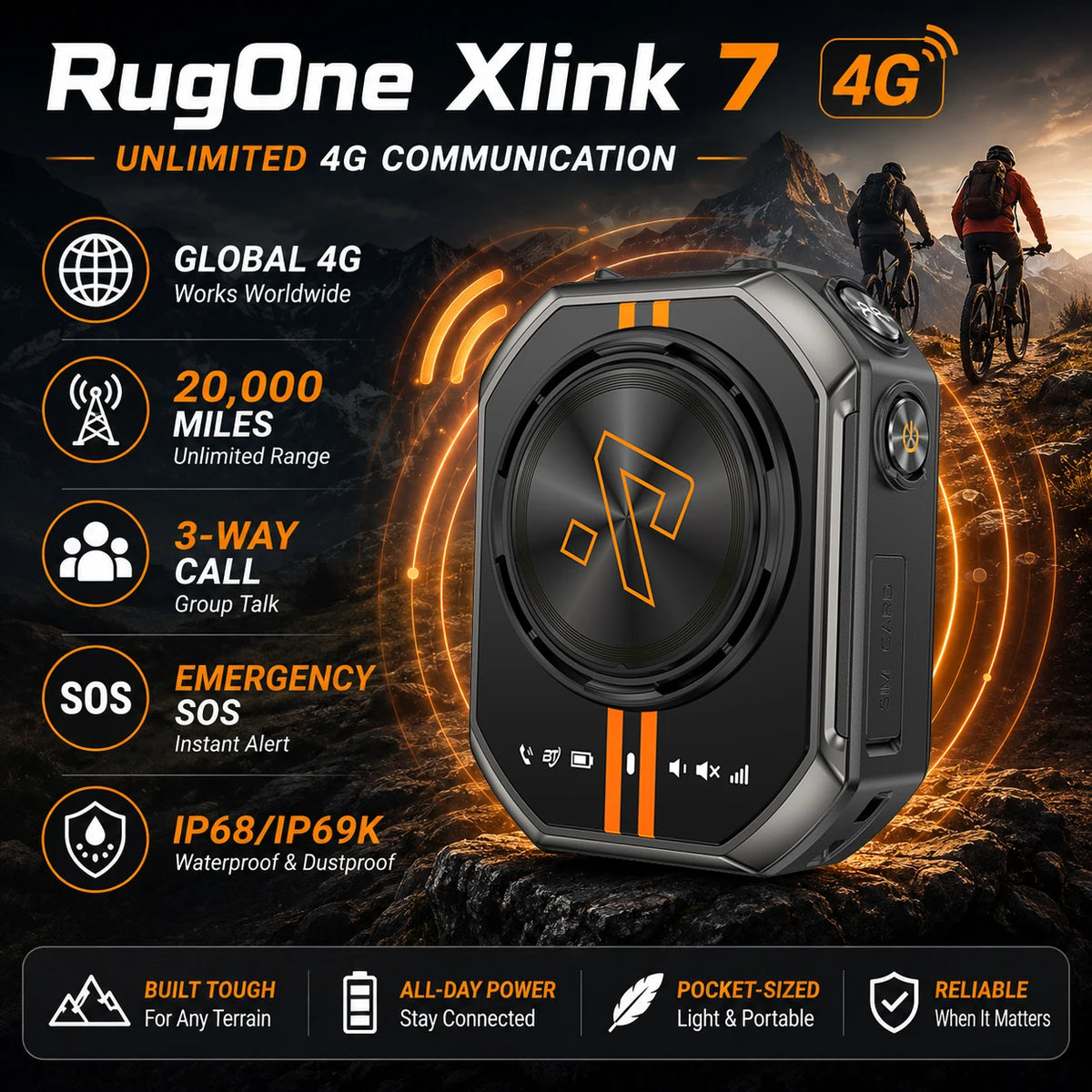 RugOne Xlink 7 4G Walkie Talkie Pocket-Sized AI Noise Cancellation GPS SOS IP68 /IP69K Outdoor  SIM card 1020mAh