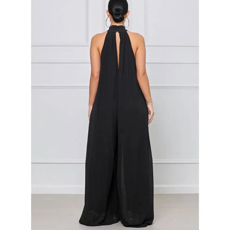 2026 New Women's Solid Chiffion Loose Halter Jumpsuits Sexy Backless Wide Leg Pants Rompers Fashion Party Elegant Women Clothing