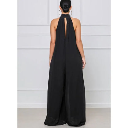 2026 New Women's Solid Chiffion Loose Halter Jumpsuits Sexy Backless Wide Leg Pants Rompers Fashion Party Elegant Women Clothing