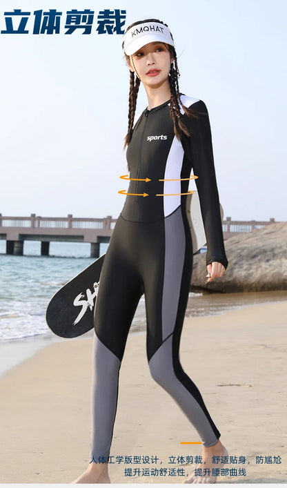 Women One Piece Long Sleeve WaterProof Outdoor Sports Beach Push Up SwimWear Female Full Body Quick-Dry Bathing Rash Guard