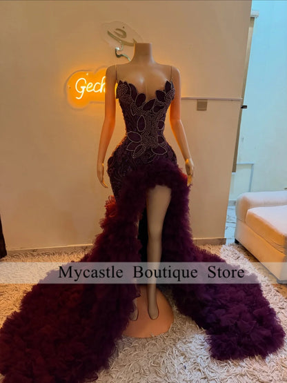 Luxury Pearl Beaded Deep Purple Spaghetti Strap Diamond Prom Dresses High Slit Ruffle Tulle Train Evening Gown Customized