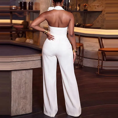 Women Solid Backless Halter Two Piece Outfit Sleeveless 3D Flower Decoration Top & Wide Leg Pants Suit Elegant Evening Party Set