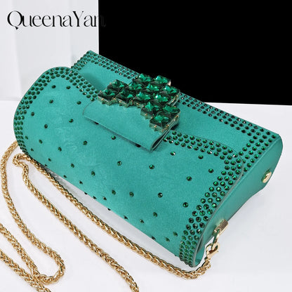 QueenaYan Elegant Navy Blue Handbag and Medium Heel Shoes Set with Beautiful Handmade Metal Decoration for Weddings and Parties