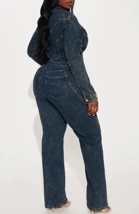 Jumpsuit Women 2026 New Spring Autumn Turn-Down Collar Long Sleeved Pocket Design High Waist Streetwear Casual Denim Jumpsuit