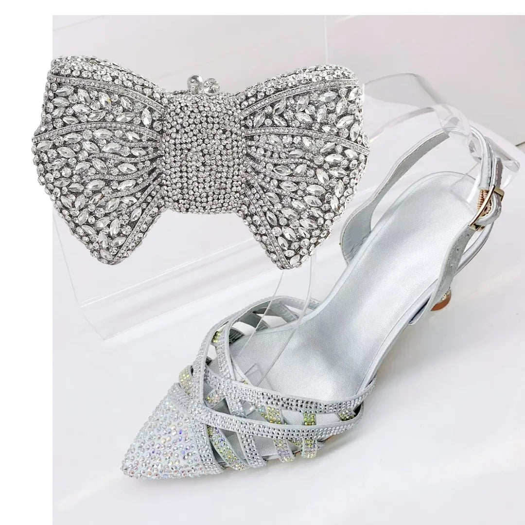 Insightlink Green Crystal High Heel with Bag Set for Bridal Wedding Party Designer Pointed Toe and Clutch Luxury Sandal Handbag