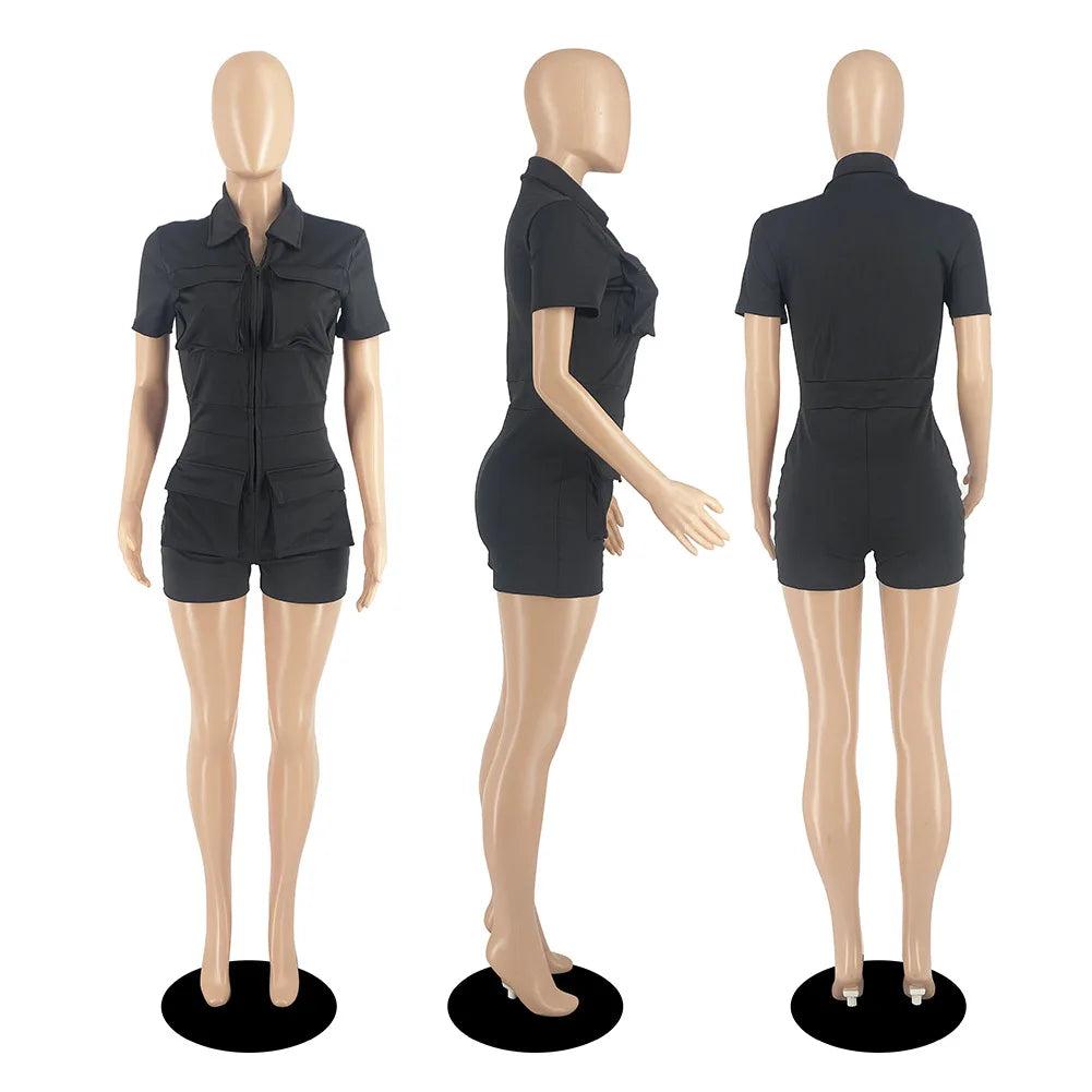 Red Jumpsuit for Woman Short Zipper V Turn Down Short Sleeve Overall Jumpsuit Shorts Casual Pockets Bodycon Rompers 2XL