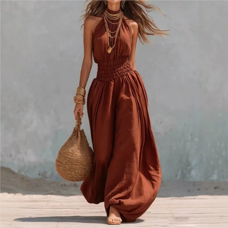 Summer Sexy Halter Sleeveless Pleated Jumpsuit Women Fashion Solid Elastic Waisted Wide Leg Jumpsuit Casual Loose Rompers Street