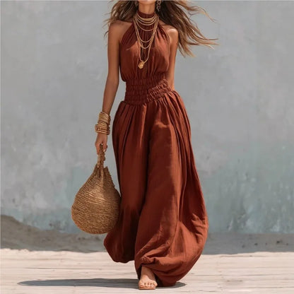 Summer Sexy Halter Sleeveless Pleated Jumpsuit Women Fashion Solid Elastic Waisted Wide Leg Jumpsuit Casual Loose Rompers Street