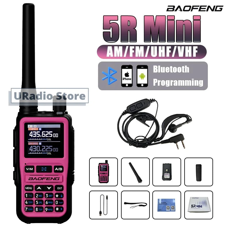 Baofeng UV-5R Mini Walkie Talkie BF-5R Mini Ham Two Way Radio Pink Dual Display USB-C 999 Channel AM For Camping Hiking Hunting