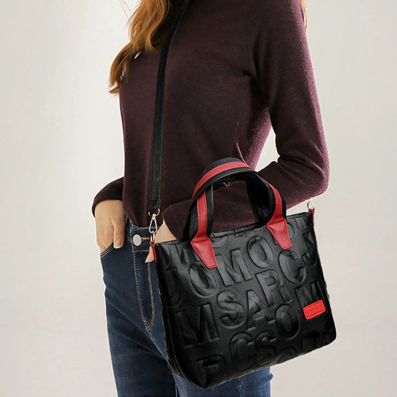 New Women's Large Capacity Contrast Color Handbag PU Leather Letter Embossed Ladies Shoulder Bag Designer Crossbody Bag