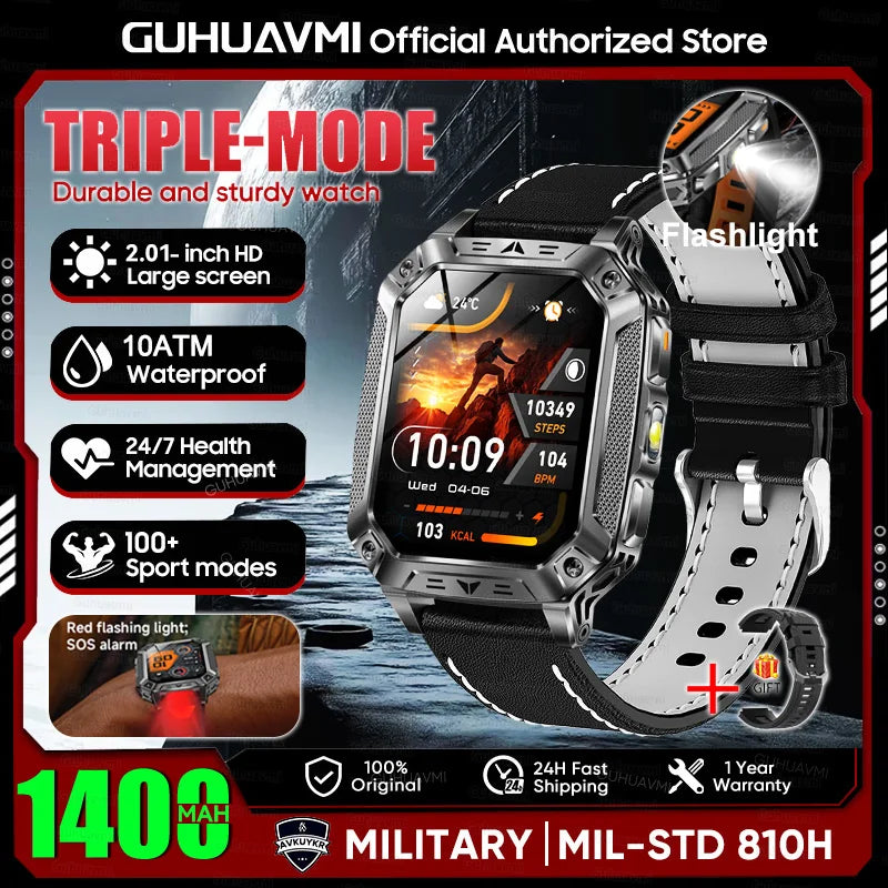 2026 New Military outdoor 1400mAh Battery SmartWatch Men Waterproof Call 2.01" HD AMOLED Sports Heart rate Flashlight Smart Band