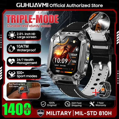 2026 New Military outdoor 1400mAh Battery SmartWatch Men Waterproof Call 2.01" HD AMOLED Sports Heart rate Flashlight Smart Band