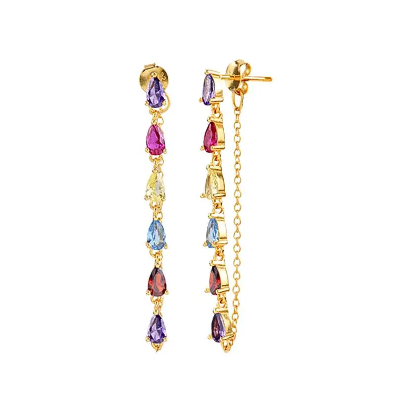 925 Sterling Silver Needle Long Chain Stud Earrings For Women Exquisite Zircon Geometric Tassel Pendant Earrings Luxury Jewelry